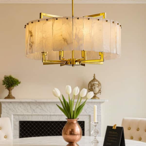 24 in. 8-Light Brass Modern Drum Chandelier with Natural Alabaster Shade for Dining Living Room Sloped Ceilings Light