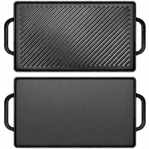15 x 9 in. Cast Iron Nonstick Reversible Grill Pan Double-Sided Griddle Plate Flat and Ribbed for Stove Gas Black