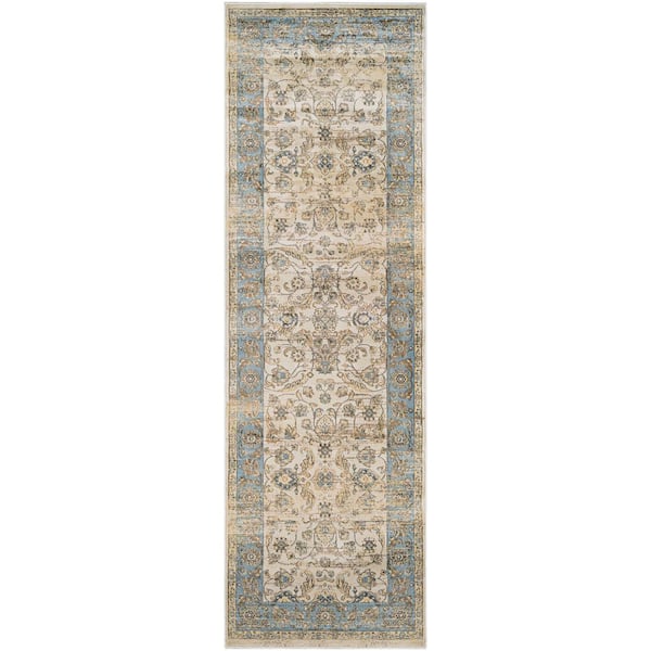 Couristan Zahara Embellished Blossom Light Blue-Oatmeal 3 ft. x 8 ft. Runner Rug