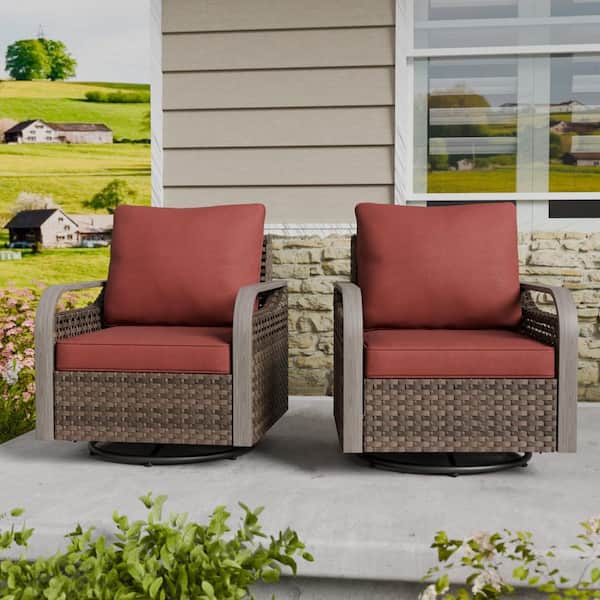 Brown Wicker Outdoor Rocking Chair Patio Swivel Chair with Red Cushions (2-Pack)