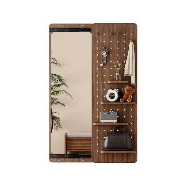 Lyly Classic Walnut 30.5 in W x 47.6 in. H Rectangle Wood Framed Wall Mounted Full Length Mirror with Shelf, Hooks