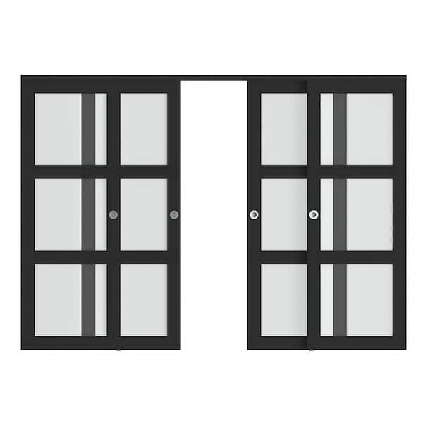 GOLDENPOLEY 120 in. x 78.58 in. 3-Lite Frosted Glass Black Finished MDF Closet Sliding Door with Hardware Kit