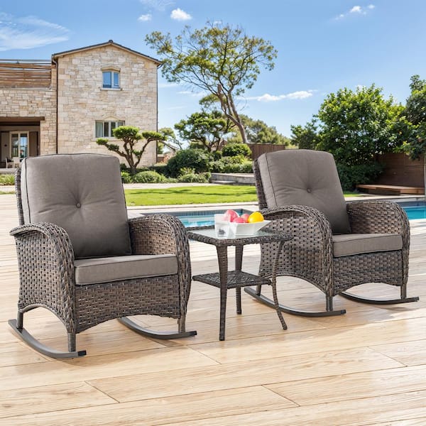 SleekArm 5-Piece Brown Wicker Outdoor Rocking Chair with Olefin Gray Cushion/Ottomans