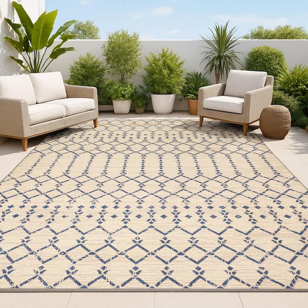 Ourika Moroccan Geometric Textured Weave Beige/Navy 3 ft. x 5 ft. Indoor/Outdoor Area Rug