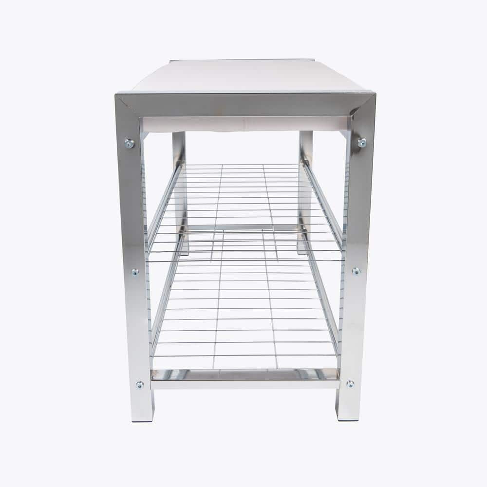 Chic White Leatherette and Chrome Metal Frame Entryway Shoe Bench with Storage