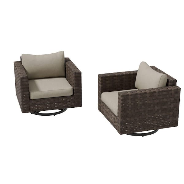 All-Weather Wicker Swivel Outdoor Rocking Chair with Wide Armrest and Beige Cushions (2-Piece)