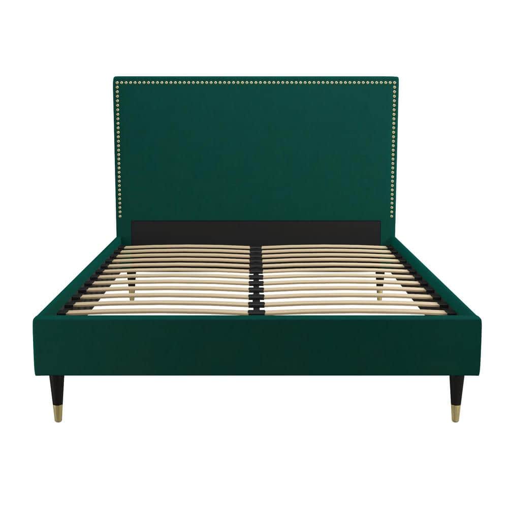 Emerald Green Velvet Queen Bed with Gold Nailhead Trim & Black Legs