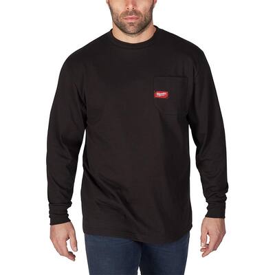 Men's Large Black Heavy Duty Cotton/Polyester Long-Sleeve Pocket T-Shirt