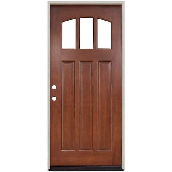 Steves & Sons 36 in. x 80 in. Craftsman 3 Lite Arch Stained Mahogany Wood Prehung Front Door