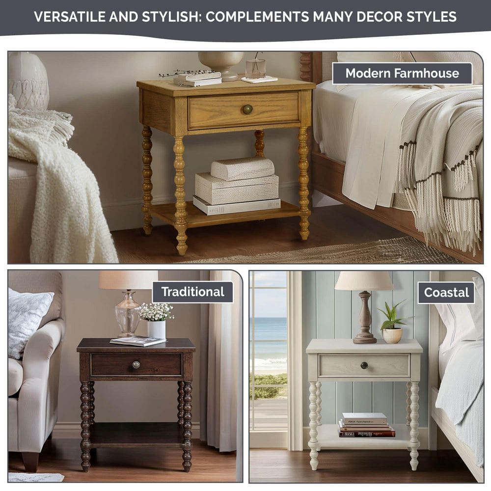 Natural Oak 1-Drawer Solid Wood Nightstand with Turned Legs