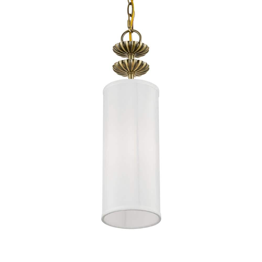 Antique Brass Floral Mini Pendant with Off-White Drum Shade