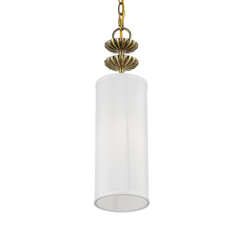 Antique Brass Floral Mini Pendant with Off-White Drum Shade