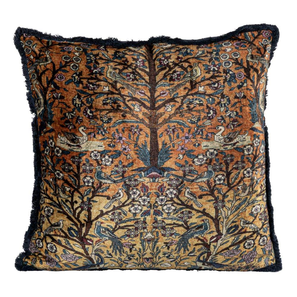 Vintage Multicolor Velvet Square Throw Pillow with Fringe
