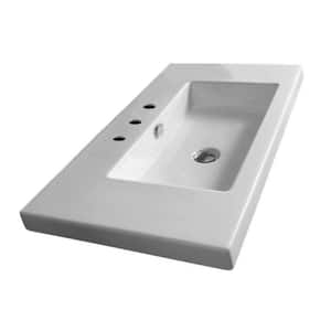 Cangas Ceramic Console Bathroom Sink in White with 3 Faucet Holes and Chrome Stand