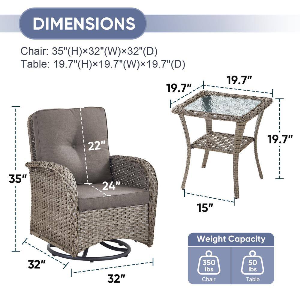Gray Wicker 3-Piece Outdoor Rocking Chair Set with Cushions and Glass Table