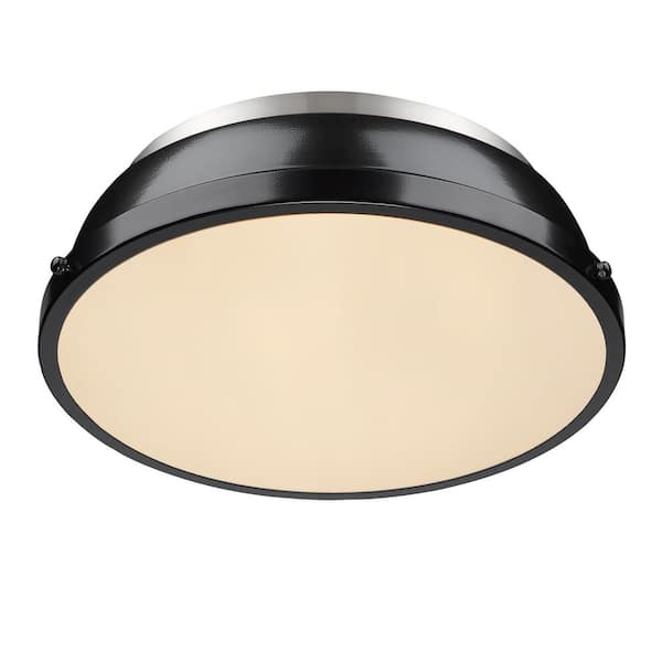 Golden Lighting - Duncan 14 in. 2-Light Pewter Flush Mount with Gloss Black Shade