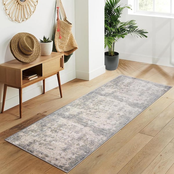 Abstract Indoor in Gray 2 ft. 3 in. x 7 ft. 3 in. Non-Shedding Stain Resistant Mat Area Rug