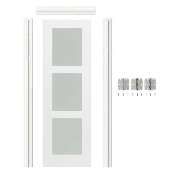 30 in. x 80 in. Left-Handed 3-Lite Frosted Glass White MDF Wood Single Prehung Interior Door with Door Jamb Hardware Kit