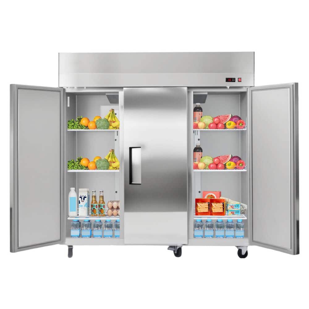 Commercial Refrigerator 52 cu. ft. 31.89 in.W 2-Doors w/9-Shelves 32 to 50â„‰ Temp Control 4-Wheels Silver Auto-Defrost