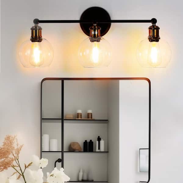 24.41 in. 3-Light Antique Black and Bronze Industrial Bathroom Vanity Light with Globe Glass Shade