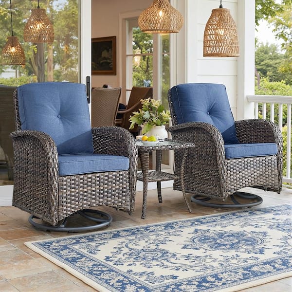 Brown 3-Piece Wicker Patio Conversation Set with Blue Cushions and Coffee Table All-Weather Swivel Rocking Chairs