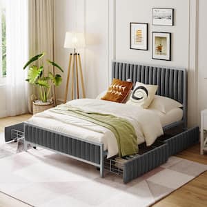 Channel-Tufted Gray Metal Frame Full Size Linen Upholstered Platform Bed with 4-Drawer and Foam-Filled Headboard