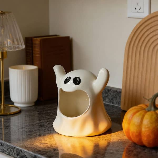1-Piece Ghost Ceramic Candy Bowl, Halloween Candle Holder Cup, Multipurpose Tabletop Organizer, Cookie Jars