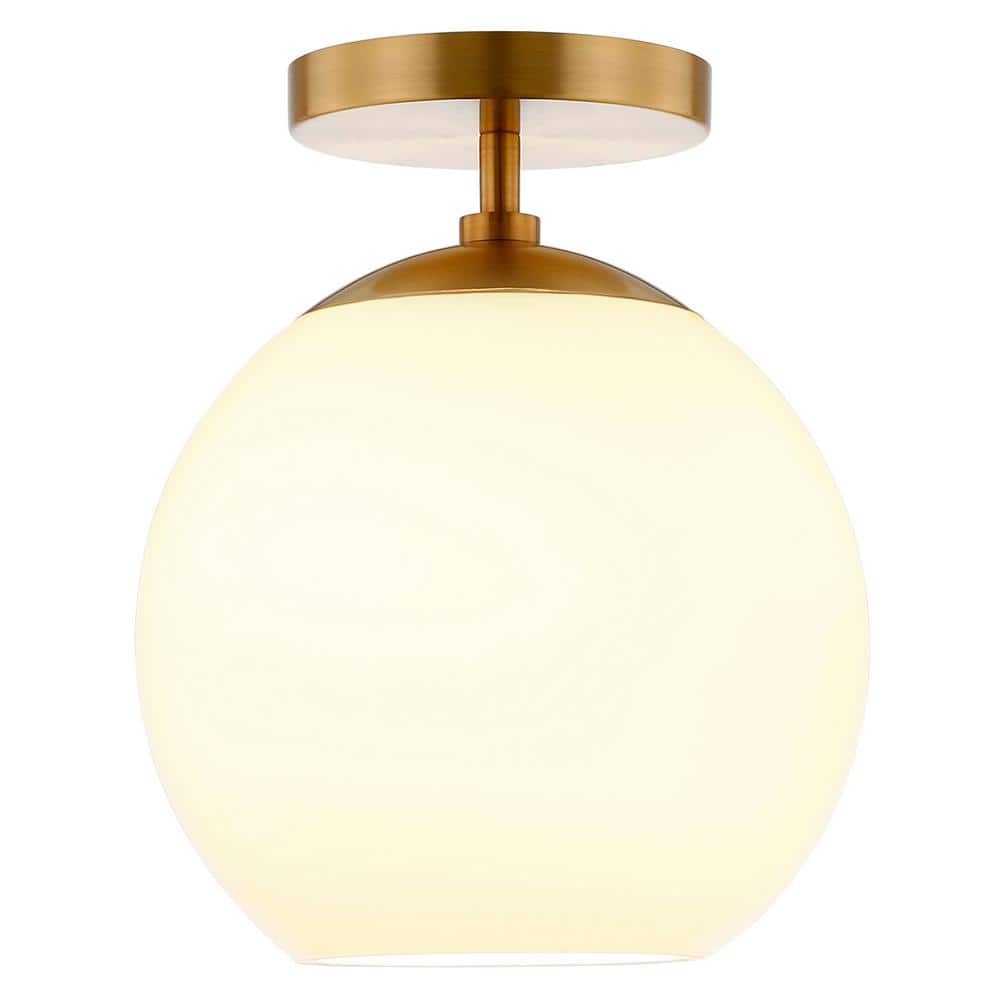 Modern Brass Globe Ceiling Light with White Milk Glass - 9"