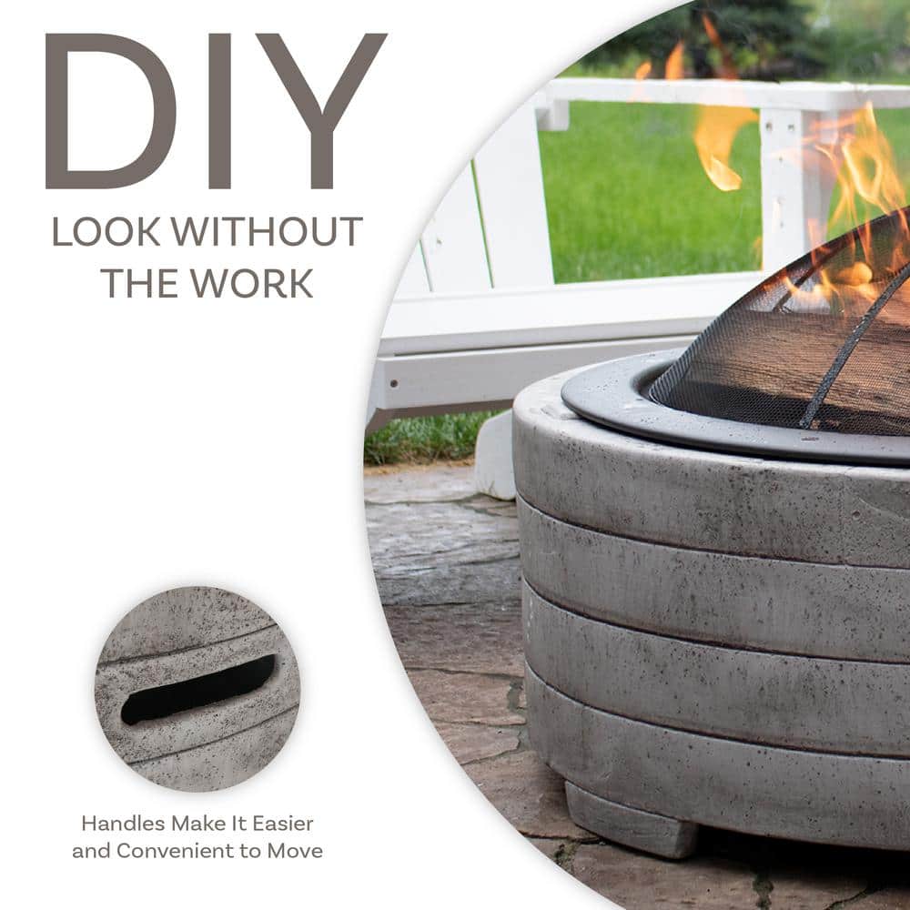 Large Round Gray Faux Stone Wood-Burning Fire Pit with Handles