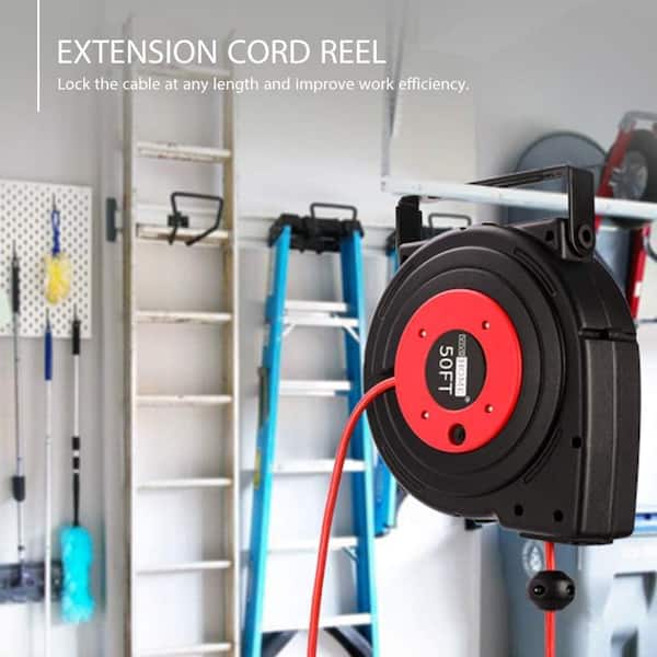 50 ft Retractable Extension Cord Reel COMPACT - Ceiling or Wall Mount - 14  Gauge