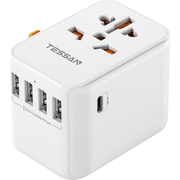 2.4 Amp Tap AC/DC Adapter International Travel Plug Adaptor with USB Port in White