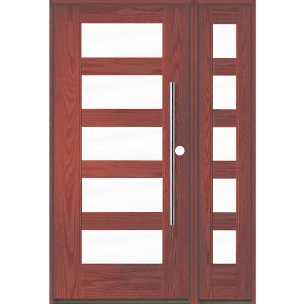 Krosswood Doors Modern Faux Pivot 50 in. x 80 in. 5-Lite Left-Hand/Inswing Clear Glass Redwood Stain Fiberglass Prehung Front Door w/RSL
