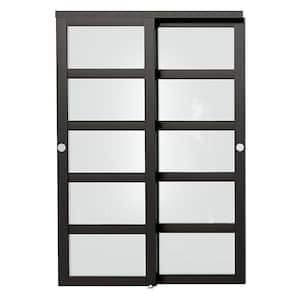 60 in. x 80 in. MDF PVC Covering Black Double Slide 5 Lite Frosted Glass Assembly Required Sliding Door with Hardware