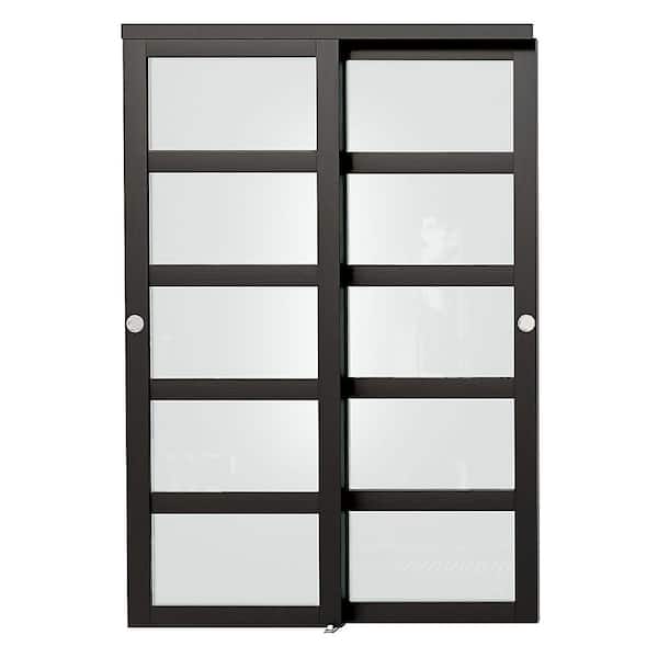 60 in. x 80 in. MDF, PVC Covering, Solid Core, Black Double Slide 5 Lite, Frosted Glass Sliding Door with All Hardware