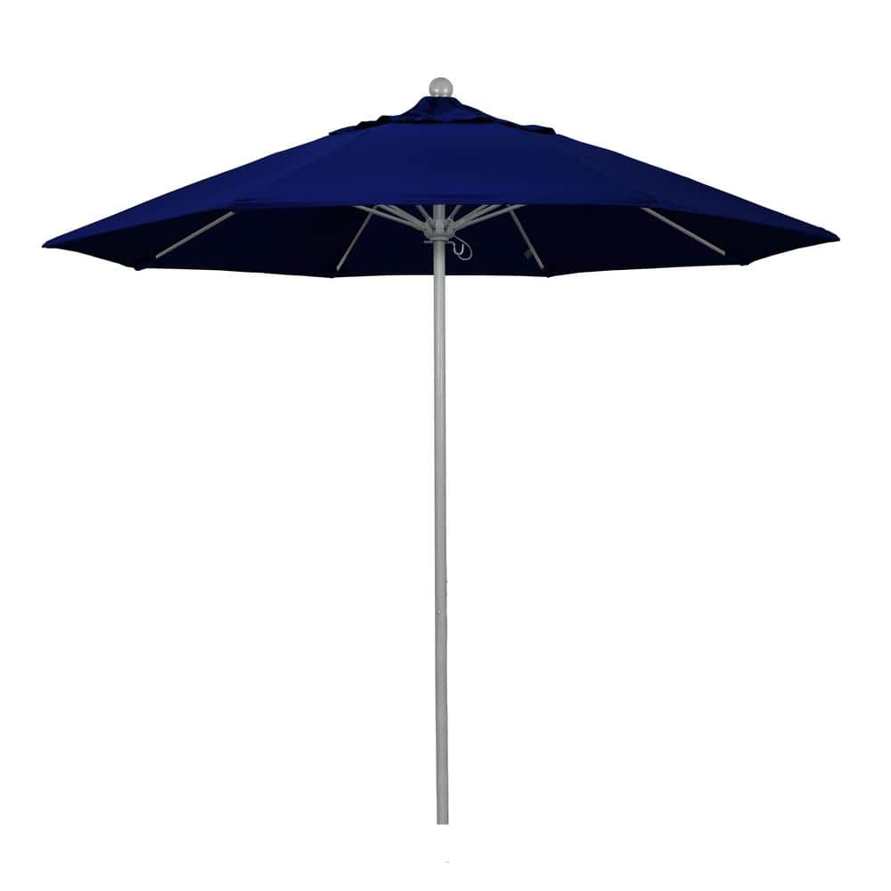 California Umbrella 9 ft. Gray Woodgrain Aluminum Commercial Market Patio Umbrella Fiberglass Ribs and Push Lift in True Blue Sunbrella