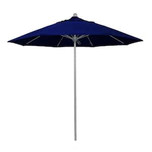 9 ft. Gray Woodgrain Aluminum Commercial Market Patio Umbrella Fiberglass Ribs and Push Lift in True Blue Sunbrella