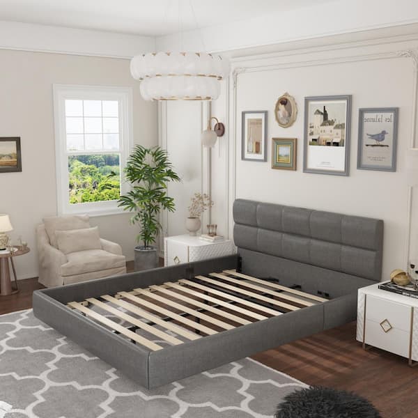 FUFU&GAGA Gray Wood and Steel Frame Queen Size Platform Bed, Panel Bed with LED Light and Bedhead Socket