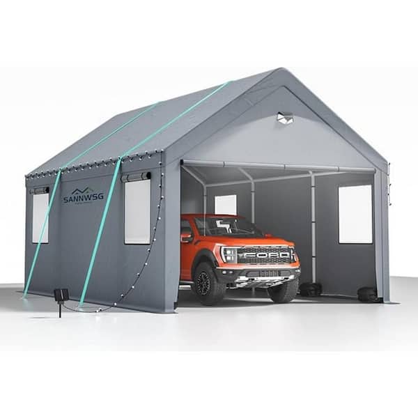 12 ft. x 20' Gray Metal Heavy Duty Portable Garage Carport Canopy with Roll-up Windows, All-Season Tarp Cover Side Walls