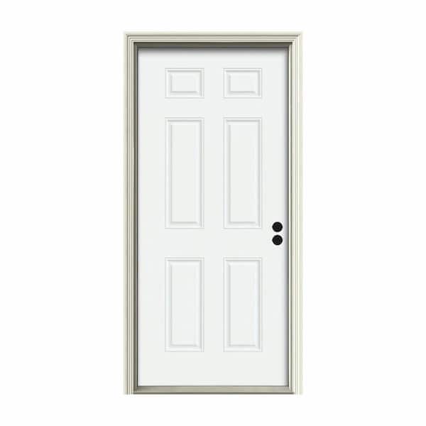 36 in. x 80 in. 6-Panel White Painted Steel Prehung Left-Hand Inswing Front Door w/Brickmould