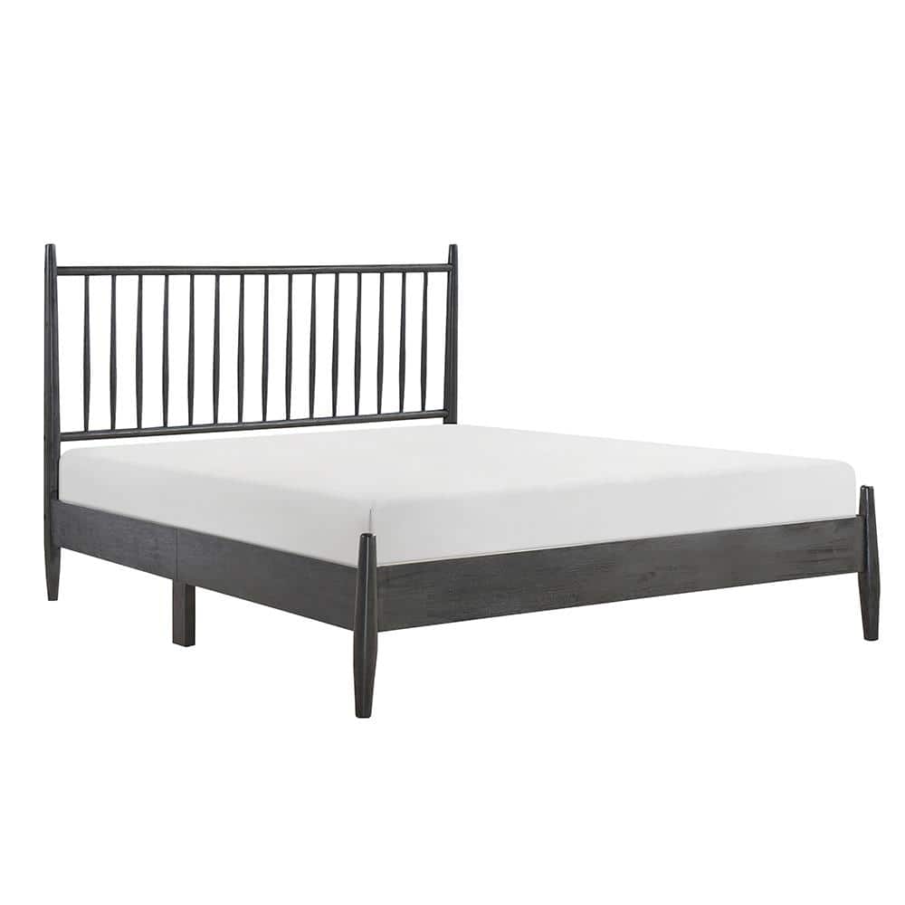 Gray Wood Queen Platform Bed with Vertical Slat Headboard