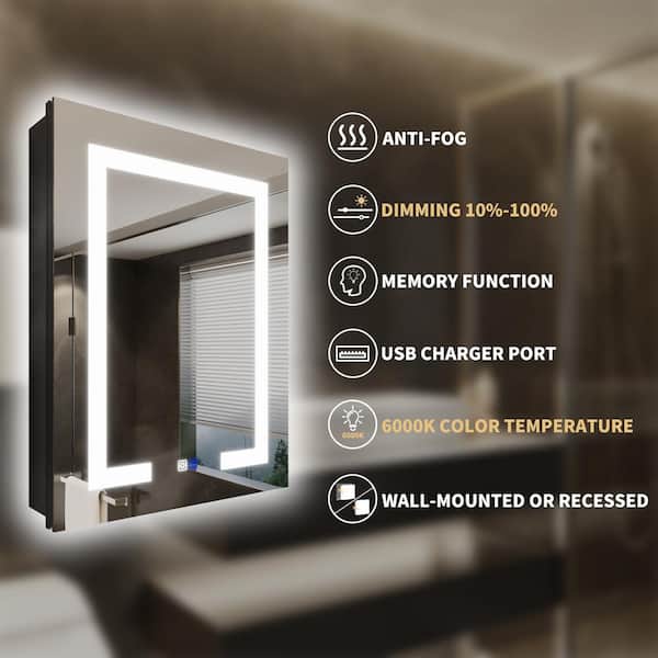 GroGro Velux 20 in. W x 26 in. H Rectangular Aluminum Recessed/Surface Mount Right Dimmable Medicine Cabinet with Mirror LED