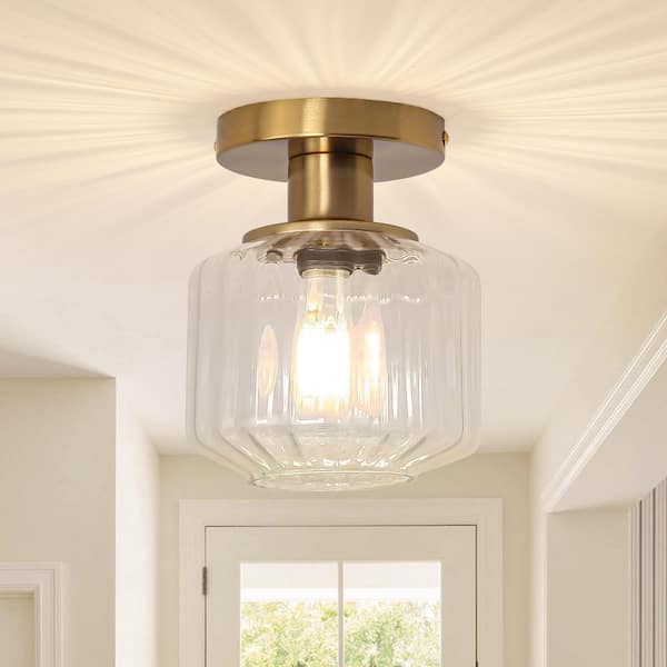 5.9 in. 1-Light Brass Semi-Flush Mount Ceiling Light with Clear Glass Shade