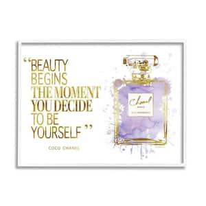 Beauty Begins Designer Quote Purple Glam Perfume Bottle by Amanda Greenwood Framed Typography Art Print 30 in. x 24 in.