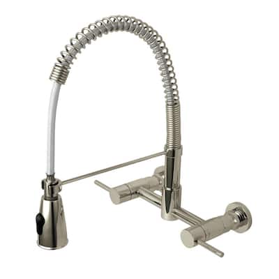 Modern 2-Handle Wall-Mount Pull-Down Sprayer Kitchen Faucet in Brushed Nickel