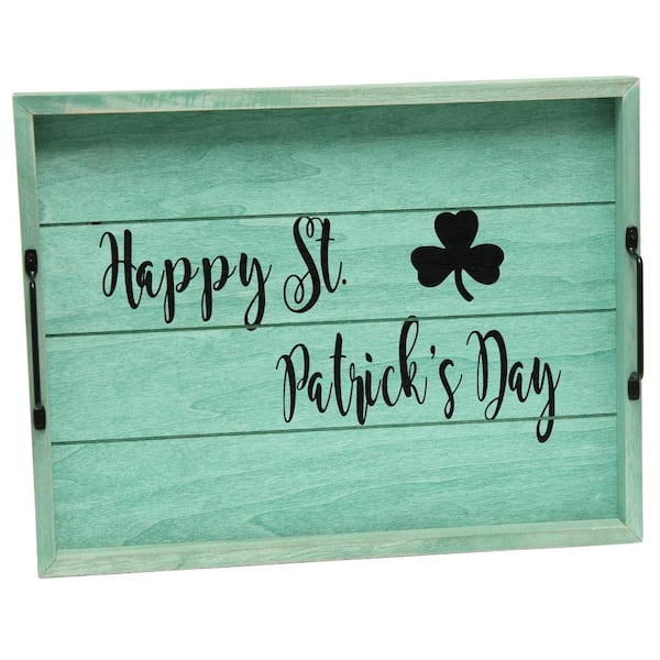 Elegant Designs 12 in. W x 2.25 in. H x 15.50 in. D in. Happy St. Patrick's Day" Green Wash Decorative Wood Serving Tray