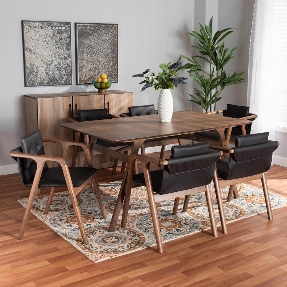 Walnut Brown & Black Faux Leather 7-Piece Dining Set with Button-Tufted Chairs