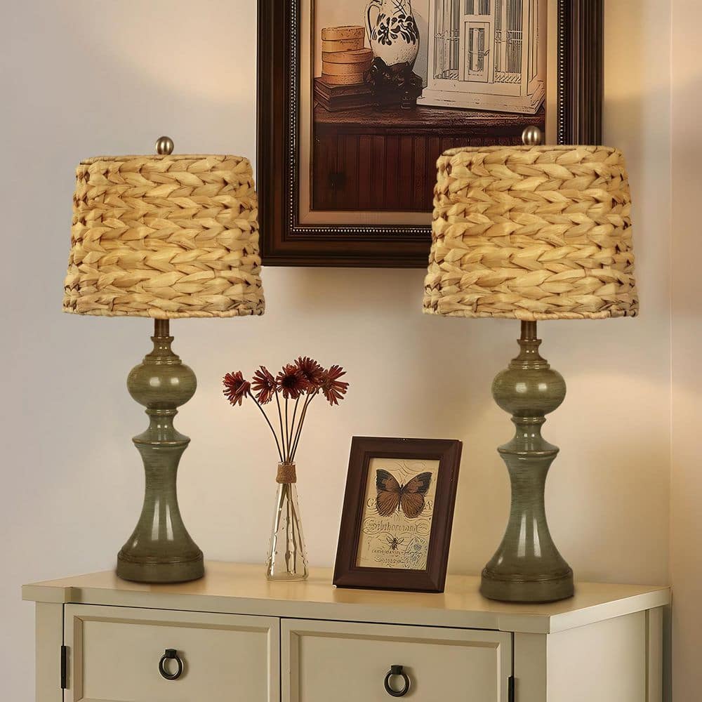 19.5 in. Antique Green Resin Poly Table Lamp Set For Living Room and Bedroom with Yellow Weaved Shade (Set of 2) price history on PriceWatchPro
