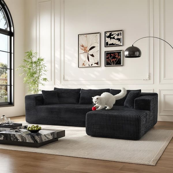 105.9 in. Rectangle Arm 2-Piece Corduroy Upholstery L-Shaped Sectional Sofa in Black with Chaise, 5-Soft Cushions