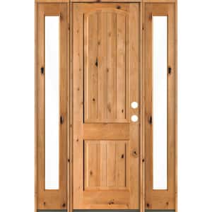 58 in. x 96 in. Rustic Knotty Alder Arch clear stain Wood w.V-Groove Left Hand Single Prehung Front Door/Full Sidelites