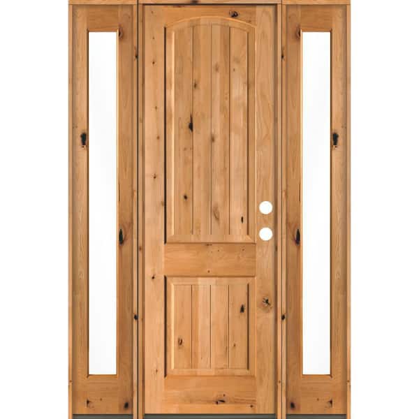Krosswood Doors 60 in. x 96 in. Rustic Knotty Alder Arch clear stain Wood w.V-Groove Left Hand Single Prehung Front Door/Full Sidelites